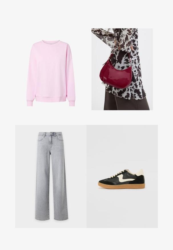 Sweat-shirt rose clair à manches longues et col rond, avec poignets et ourlet côtelés, présenté sur un fond blanc uni.; Jean denim gris clair à jambes larges avec bouton devant, fermeture éclair et poches devant sur fond blanc uni.; Baskets en daim et cuir noir avec un swoosh latéral crème et un talon crème clair. Dotées de lacets beige et d'une semelle en caoutchouc gomme.; Femme portant un chemisier à motif noir et blanc tenant un sac à main rouge brillant sur un fond uni.