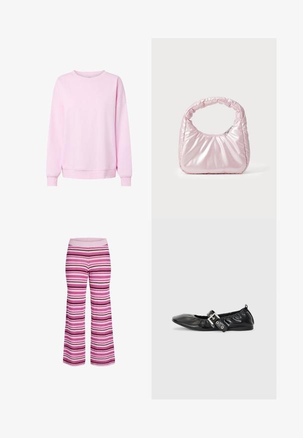 Sweat-shirt rose clair à manches longues et col rond, avec poignets et ourlet côtelés, présenté sur un fond blanc uni.; Pantalon tricoté avec des rayures horizontales dans des nuances de rose, violet et blanc, doté d'une ceinture élastique côtelée et de jambes larges.; Chaussure plate en cuir noir avec un nez pointu, des détails froncés autour de l'ouverture et un accent en boucle argentée sur la bride ajustable.; Sac à main rose rembourré avec un design arrondi, fabriqué à partir d'un matériau brillant. Dispose d'une poignée froncée et d'une fermeture éclair pour un accès sécurisé.