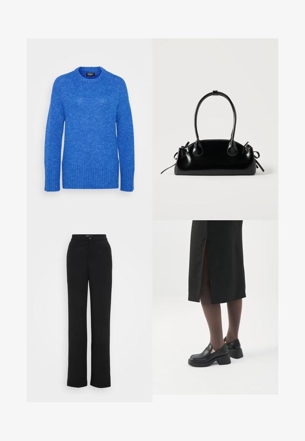 Pull en tricot bleu avec un col rond, des manches longues, un ourlet côtelé et une finition texturée. Le tissu est doux et légèrement duveteux.; Pantalons droits noirs en tissu léger, dotés d'une fermeture à bouton et d'un design minimaliste sans motifs ni accents visibles.; Femme portant des mocassins noirs à talons épais, des collants noirs transparents et une jupe noire fendue à l'arrière sur fond blanc.; Petit sac à main noir brillant avec deux longues anses et des détails à cordon sur les côtés sur un fond clair uni.