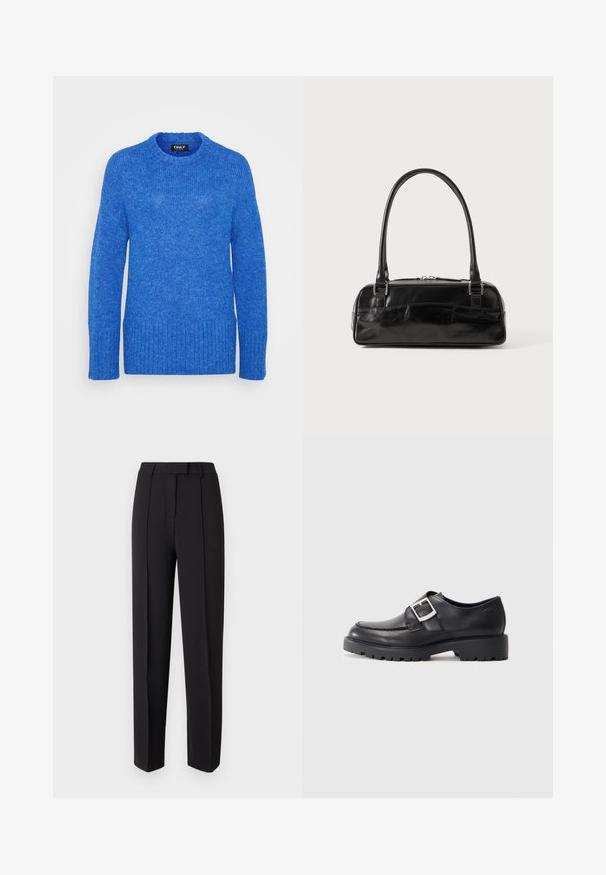 Pull en tricot bleu avec un col rond, des manches longues, un ourlet côtelé et une finition texturée. Le tissu est doux et légèrement duveteux.; Pantalon noir taillé avec une texture lisse, présentant une coupe droite, des passants pour ceinture et deux plis avant pour plus de détails.; Chaussures en cuir noir avec un bout arrondi, présentant un détail de boucle sur le côté et une semelle épaisse et robuste. Texture lisse avec peu de coutures.; Sac à main en cuir noir de forme rectangulaire, doté d'une seule ansse structurée, de quincaillerie argentée et d'une fermeture éclair. Texture lisse.