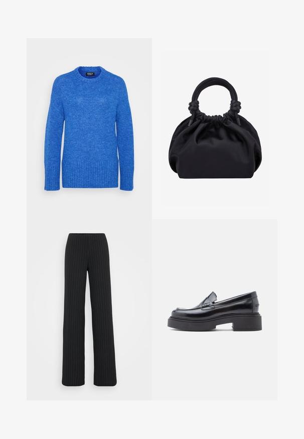 Pull en tricot bleu avec un col rond, des manches longues, un ourlet côtelé et une finition texturée. Le tissu est doux et légèrement duveteux.; Vero Moda Tall VMBERLIN MY WIDE - Pantalon classique - obsidian/oatmeal; Mocassins en cuir noir avec un bout arrondi, dotés d'une semelle plateforme surélevée et d'une simple sangle décorative sur le dessus. Fini lisse.; Sac à main en tissu noir doux avec haut froncé et poignées circulaires rembourrées nouées de chaque côté.