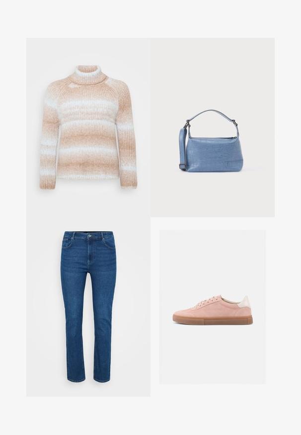 ONLY Carmakoma CARDITTE ROLLNECK - Pullover - cloud blue/tobacco brown; Jeans en denim bleu avec une coupe droite, présentant des coutures contrastées, un style à cinq poches et une fermeture à bouton en métal à la taille.; Baskets basses en daim rose avec semelle en caoutchouc marron et languette de talon blanche, présentées de profil sur un fond blanc uni.; Sac à main bleu clair embossé façon crocodile avec une poignée courte et une bandoulière amovible. Texture lisse avec une fermeture éclair.