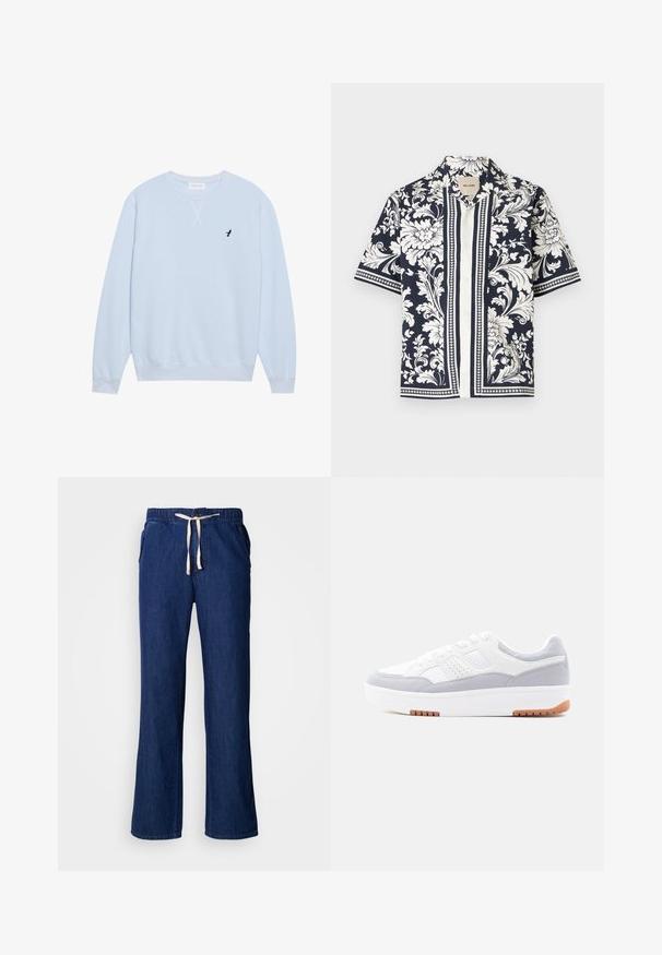 Lys blå sweatshirt lavet af bomuld med rund halsudskæring, ribbede manchetter og et broderet sort fuglelogo på venstre bryst.; Kortærmet skjorte med knapper med sort-hvide blomster- og bladmønstre samt lodrette stribede detaljer langs knaprækken.; Mørkeblå denimbukser med afslappet pasform, elastik i taljen, snørelukning og sidelommer. Glat tekstur og design med lige ben.; Hvid og lysegrå lave sneakers med perforerede detaljer, hvide snørebånd, tyk sål og ydersål i gummifarve, vist i profil på hvid baggrund.