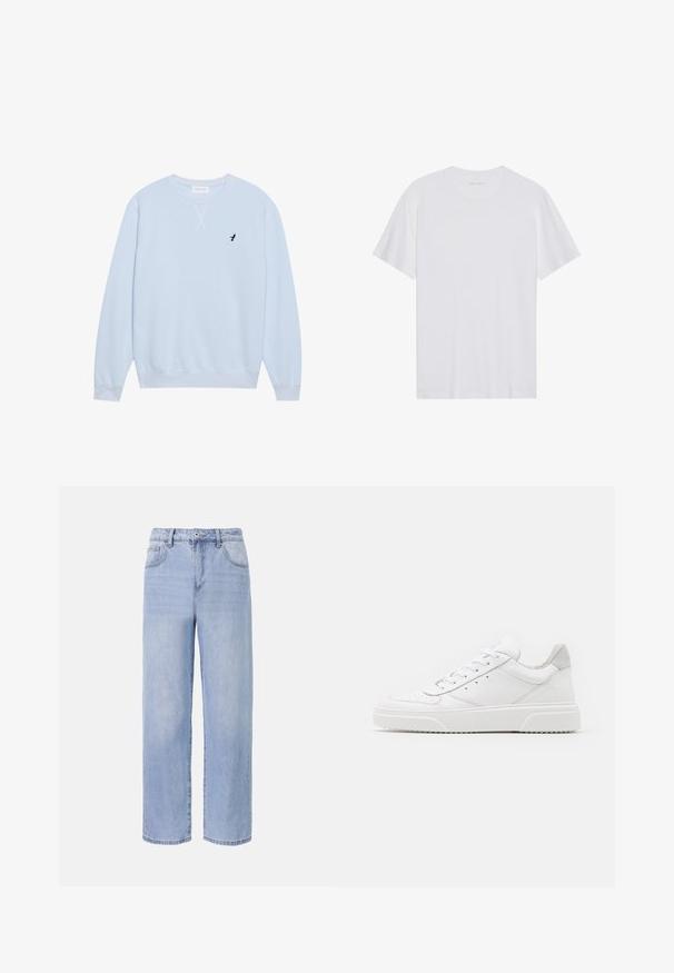 Sweatshirt bleu clair en coton avec un col ras du cou, des poignets côtelés et un logo d'oiseau noir brodé sur la poitrine gauche.; T-shirt en coton blanc à manches courtes, col rond et texture lisse. Présente un branding minimal au niveau du col.; Jean en denim bleu clair avec une coupe décontractée et des jambes larges. Les caractéristiques incluent cinq poches, une fermeture à bouton à l'avant et une décoloration subtile.; Des baskets en cuir blanc avec une finition lisse, un bout rond, des lacets plats et une semelle texturée. Accents en daim gris au niveau du talon.