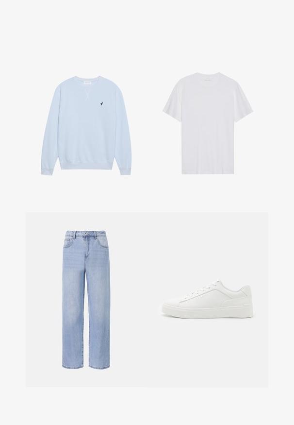 Lichtblauwe sweatshirt van katoen met een ronde hals, geribbelde manchetten en een geborduurd zwart vogellogo op de linkerborst.; Witte katoenen T-shirt met korte mouwen, een ronde hals en een gladde textuur. Heeft minimale branding op de halslijn.; Lichtblauwe denim jeans met een ontspannen, wijde pasvorm. Kenmerken zijn onder andere vijf zakken, een sluiting met een knoop aan de voorkant en subtiele vervaging.; Witte lage sneakers van glad leer, met een ronde neus, platte zolen en subtiele branding aan de zijkant.