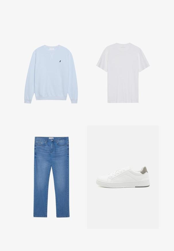 Lys blå sweatshirt lavet af bomuld med rund halsudskæring, ribbede manchetter og et broderet sort fuglelogo på venstre bryst.; Hvid bomulds T-shirt med korte ærmer, rund hals og en glat tekstur. Har minimal branding på halsudskæringen.; Lyseblå denimjeans med lige ben, femlommes design, subtil falming og metalbeslag ved taljen og lommerne.; Hvid sneaker lavet af glat læder, rund tå, minimalistisk design, grå hælafsats og tekstureret gummisål.