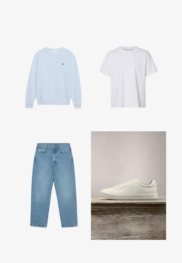Lichtblauwe sweatshirt van katoen met een ronde hals, geribbelde manchetten en een geborduurd zwart vogellogo op de linkerborst.; Effen wit T-shirt met korte mouwen en ronde hals, met een regular fit en een gladde stoftextuur, weergegeven op een witte achtergrond.; Lichtblauwe denim jeans met een rechte pijp, vijfzakkenontwerp en een licht verweerde look. Voorzien van een knoop- en ritssluiting.; Witte vetersneaker die boven een houten bank zweeft met groene bladeren op de achtergrond, waarbij het ontwerp en de textuur van de schoen worden getoond.