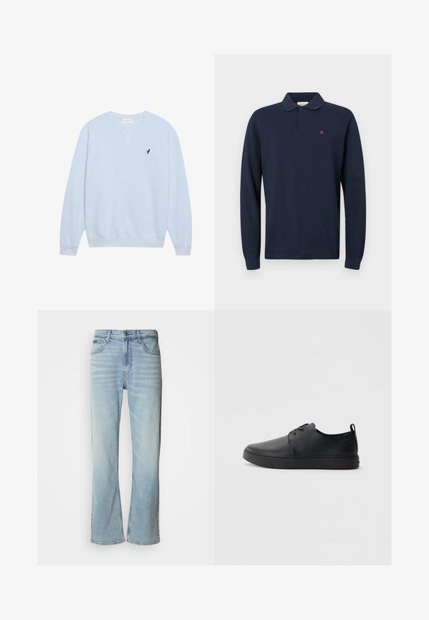 Lys blå sweatshirt lavet af bomuld med rund halsudskæring, ribbede manchetter og et broderet sort fuglelogo på venstre bryst.; Marineblå langærmet polo skjorte med krave, to-knaps placket og et lille rødt CK-logo på venstre bryst. 100% bomuldsstof.; Lyseblå denimjeans med lige ben, der har fem lommer, knaplukning og en subtil falmning på stoffet.; Sorte lædersneakers med en glat finish, rund tå, tonalt syning, snøring foran og en flad gummisål. Løkke ved hælen.