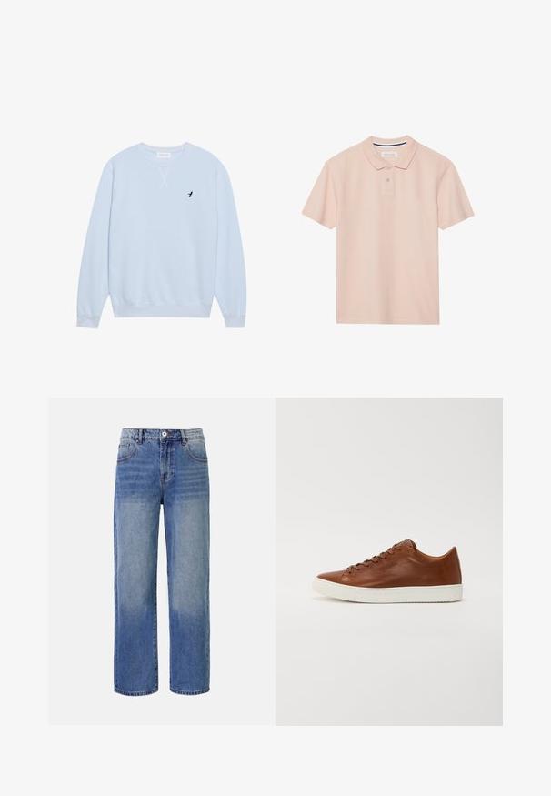 Lichtblauwe sweatshirt van katoen met een ronde hals, geribbelde manchetten en een geborduurd zwart vogellogo op de linkerborst.; Polo shirt in zacht roze, korte mouwen, kraag met een drie-knopssluiting, textiel met textuur en een subtiele gestreepte detail binnenin de kraag.; Lichtblauwe denim wijdvallende jeans met een vervagend patroon, vijf zakken en een ritsluiting. Kenmerkt zich door een knoop en riemlussen op de taille.; Bruine leren sneakers met een ronde neus, witte rubberen zool en strakke lijnen. Voorzien van een vetersluiting en subtiele merktekens aan de zijkant.