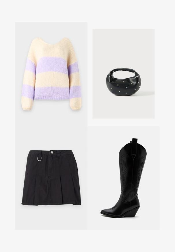 Pull en maille avec un large col, présentant des rayures horizontales crème et lavande. Tissu doux et texturé avec des manches longues.; Jupe plissée noire en coton, avec une fermeture à boutons sur le devant, des passants de ceinture et un accent en D-ring sur la taille.; Botte de cowboy en cuir noir avec bout pointu, talon bloc incliné, couture décorative et languettes en haut sur fond blanc.; Sac à main en cuir noir de forme arrondie, décoré de clous argentés et équipé d'une poignée courte. Texture lisse et fermeture éclair.