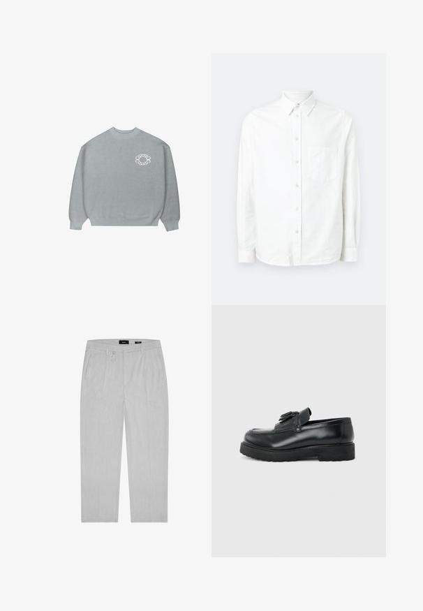 Suéter de cuello redondo gris claro con puños y dobladillo acanalados, que presenta un pequeño logotipo circular blanco de eslabones en el lado izquierdo del pecho.; Camisa blanca de manga larga y botones, hecha de una tela ligera. Presenta un bolsillo frontal, cuello clásico y una textura sutil.; Pantalones gris claro con una textura sutil, con pliegues frontales, bolsillos laterales y un lazo para cinturón. Diseño de pierna recta, estilo minimalista.; Mocasín de cuero negro con borlas, suela de caucho gruesa y tacón bajo, mostrado de perfil sobre un fondo liso.