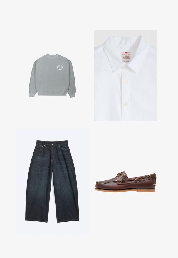Suéter de cuello redondo gris claro con puños y dobladillo acanalados, que presenta un pequeño logotipo circular blanco de eslabones en el lado izquierdo del pecho.; Camisa blanca Levi's abotonada con cuello puntiagudo y etiqueta visible de Levi Strauss & Co en el interior del escote.; Vaqueros azul oscuro de pierna ancha con bolsillos delanteros, cierre de botones y costuras visibles, colocados planos sobre un fondo blanco.; Zapato náutico de cuero marrón con costuras blancas, detalles de cordones y suela de goma color coñac, mostrado de lado sobre un fondo blanco.