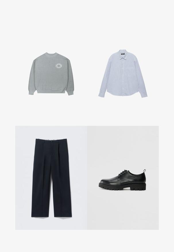 Un pull léger gris clair à col rond, avec des bords-côtes aux poignets et à l'ourlet, arborant un petit logo circulaire en chaîne blanche sur la poitrine gauche.; Chemise bleu clair à manches longues, boutonnée à l'avant, avec de fines rayures blanches verticales et une poche poitrine, étalée à plat sur un fond blanc.; Pantalon bleu marine foncé en tissu lisse, avec une coupe ajustée, deux poches avant et une fermeture par bouton.; Chaussure en cuir noir à bout arrondi, présentant un design à lacets, une semelle en caoutchouc noire robuste et un petit onglet de talon à l'arrière.