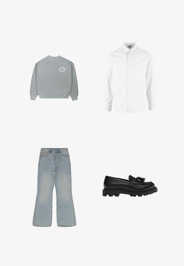 Lys grå crewneck sweater med ribbede manchetter og kant, med et lille hvidt kæde-link cirkulært logo på venstre bryst.; Hvid langærmet skjorte med knapper, frontlomme, knaplukket krave og synligt mærke inde i kraven.; Lyseblå, bredde jeans lavet af denim. Har fem lommer, en knaplukning og kontrastsying langs sømmene.; Sorte læder loafers med en kraftig gummisål, der har en dekorativ kvast og fletdesign på frontpanelet.