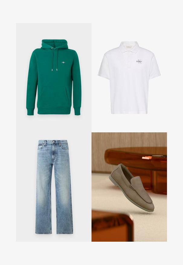 Sweat à capuche vert avec poche avant, capuche à cordon, poignets côtelés et logo brodé sur la poitrine. Fabriqué en matériau doux et confortable.; Polo blanc à manches courtes avec col, patte de boutonnage à trois boutons et petit logo gris Calvin Klein sur la poitrine gauche.; Jean droit en denim bleu clair avec taille haute, cinq poches, fermeture à boutons et léger délavage sur les cuisses et les genoux.; Mocassin beige en daim à enfiler avec coutures visibles et semelle claire, positionné au-dessus d'un tapis crème, avec un meuble translucide orange en arrière-plan.