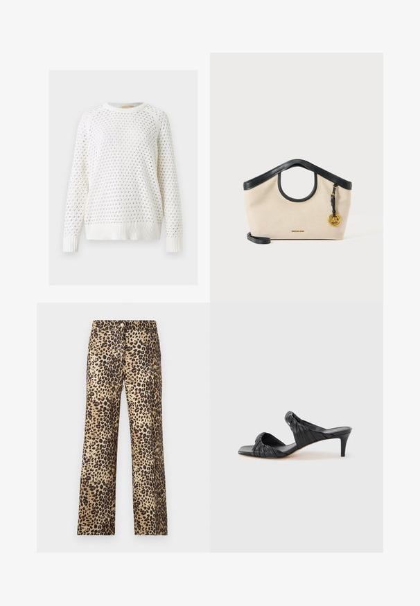 Pull en maille blanc avec un col rond et des manches longues, présentant un motif de trous ajourés en forme de losange sur l'ensemble.; Pantalon imprimé léopard en beige et marron. Caractéristiques : fermeture à bouton, coupe droite et texture lisse.; Sandales à talons noirs avec un bout carré, fabriquées en cuir lisse. Elles présentent des brides froncées et un talon fin pour plus d'élévation.; Sac à main en tissu beige avec garniture en cuir noir, découpe de poignée circulaire, bandoulière noire et breloque ronde dorée avec logo MK sur le côté droit.