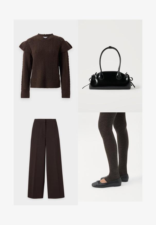 Pull en tricot marron foncé avec des motifs de cable texturés et des détails de volants aux épaules, doté de manches longues et de poignets et d'un ourlet côtelés.; Pantalon marron foncé à jambes larges avec une taille ajustée et un détail de couture avant, présenté à plat sur un fond uni.; Jambes portant des leggings côtelés foncés associés à des ballerines noires avec de petits détails en nœud sur fond blanc.; Petit sac à main noir brillant avec deux longues anses et des détails à cordon sur les côtés sur un fond clair uni.