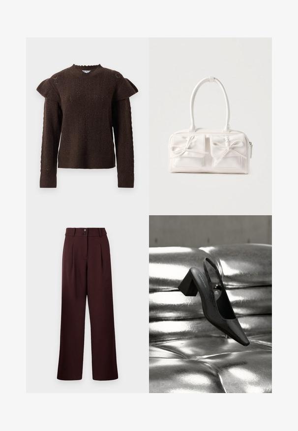 Pull en tricot marron foncé avec des motifs de cable texturés et des détails de volants aux épaules, doté de manches longues et de poignets et d'un ourlet côtelés.; Pantalons évasés en bordeaux foncé, avec une taille haute, deux plis à l'avant et une fermeture à deux boutons. Fabriqués en tissu texturé.; Escarpin noir à bride arrière avec bout pointu, présentant une surface texturée et un talon bloc épais. Posé sur un fond métallique brillant.; Sac à main synthétique blanc avec deux poches avant, chacune ornée d'un nœud noué. Texture lisse, anses arrondies et fermeture zippée.