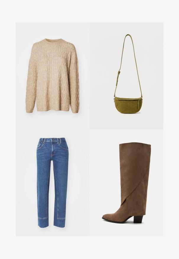 Pull en tricot beige avec un design en câble texturé, encolure ronde et manches longues. Le tissu semble doux et épais.; Jean en denim bleu avec une coupe droite, cinq poches et des détails de couture contrastants. Le tissu a une légère texture et une finition classique.; Botte haute marron en daim avec un détail plissé et un talon bloc de hauteur moyenne, montrée de profil sur fond blanc.; Sac bandoulière en daim vert olive avec sangle réglable et poche avant zippée sur fond blanc uni.