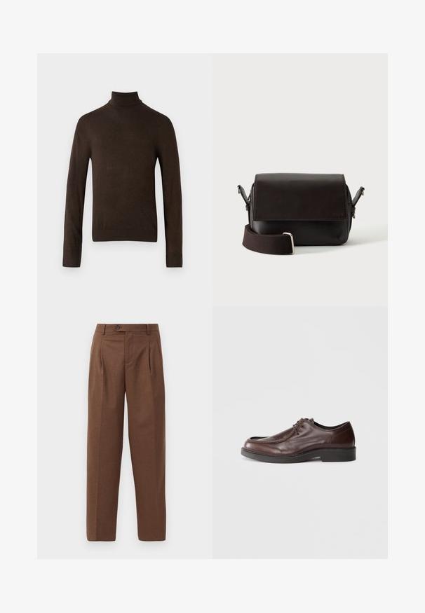 Brun rullekravesweater med lange ærmer, lavet af et glat strikket stof. Har et tætsiddende design og ribbede manchetter og krave.; Brune skræddersyede bukser med lige pasform, synlige folder, forlommer og en enkelt knaplukning i taljen. Glat tekstur.; Brune lædersko med rund tå, minimal syning og en solid sort sål. Har snørelukning og en glat overflade.; Mørkebrun lædertaske med flaplukning og justerbar stofrem på hvid baggrund.