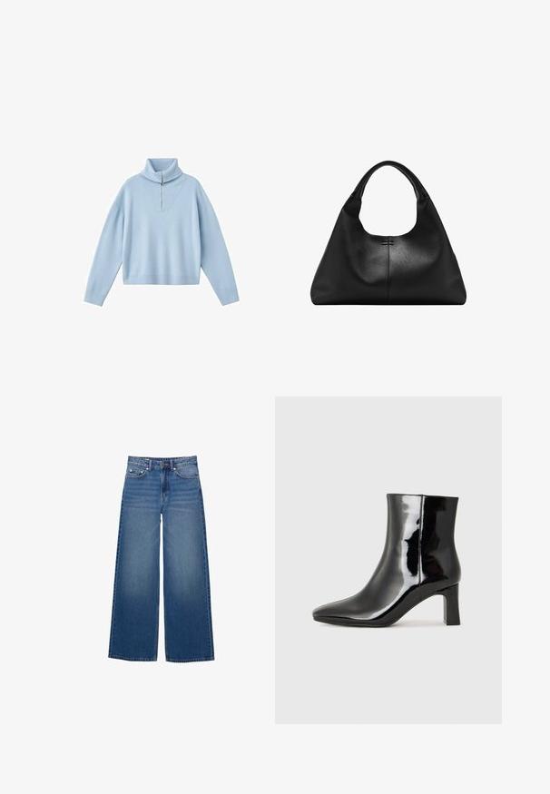 Lyseblå sweater med høj krave, halv lynlås og sænkede skuldre. Fremstillet af blødt strikstof med løs pasform.; Vidde-ben denimjeans i en mellemblå vask, med høj talje, fem-lomme design og syningsdetaljer langs sømmene.; Sort lakeret ankelstøvle med spids tå og en midt-højde blokhæl. Glat tekstur og minimalistisk design.; Sort textured læderhåndtaske med bred bund og tykke, afrundede håndtag, der har en central lodret søm og subtil syningsdetalje.
