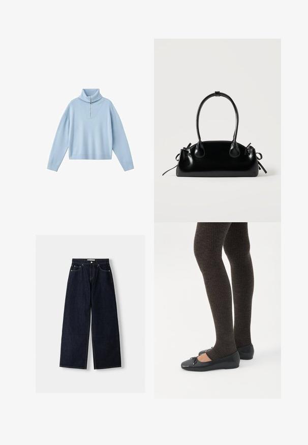 Lyseblå sweater med høj krave, halv lynlås og sænkede skuldre. Fremstillet af blødt strikstof med løs pasform.; Mørkeblå denim wide-leg jeans med høj talje, fem lommer, kontraststing og sølvfarvet metalbeslag. Glat overflade og pæn finish.; Ben iført mørke ribbede leggings kombineret med sorte balletsko med små sløjfedetaljer på hvid baggrund.; Lille sort blank håndtaske med to lange håndtag og snøre-detaljer i siden på en ensfarvet lys baggrund.