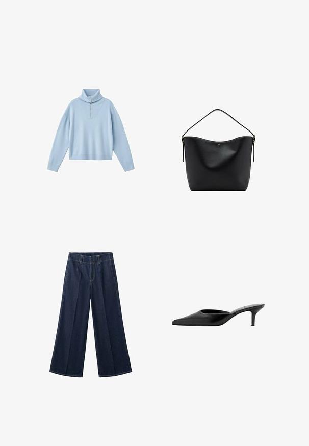 Lyseblå sweater med høj krave, halv lynlås og sænkede skuldre. Fremstillet af blødt strikstof med løs pasform.; Mørkeblå vidde-ben denimjeans med forreste plisseringer, bæltestropper og synlige sømme.; Sort læder mule med spids tå, lav, slank hæl og design uden hæl, som man nemt kan træde i.; Sort læder skuldertaske med en enkelt strop og diskrete guldfarvede detaljer, med en glat, let buet topkant.