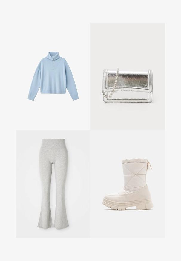 Lyseblå sweater med høj krave, halv lynlås og sænkede skuldre. Fremstillet af blødt strikstof med løs pasform.; Grå bredfede leggings lavet af blødt stof, med en elastisk talje og en glat struktur, der taper ned til en bred flade ved kanten.; Cremefarvet støvle med en quiltet overdel, rund tå og kraftig gummisål. Har en snøre øverst til justering.; Sølvmetallic clutchtaske med en glat overflade, klaffelukning og kædestropp. Har et struktureret rektangulært design og syninger som detaljer.