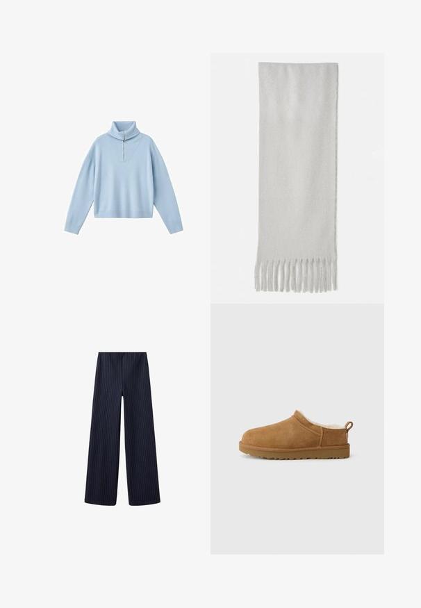 Lyseblå sweater med høj krave, halv lynlås og sænkede skuldre. Fremstillet af blødt strikstof med løs pasform.; Navyblå vidde bukser med tynde hvide lodrette nålestriber, fladt frontstykke og uden synlige lommer eller knapper.; Brune ruskind slip-on sko med blødt, hvidt pelsfor, flad gummisål, rund tå og lille trækstrop ved hælen.; Grå tørklæde lavet af blødt materiale med frynser i enderne, har en rektangulær form og en glat overflade.