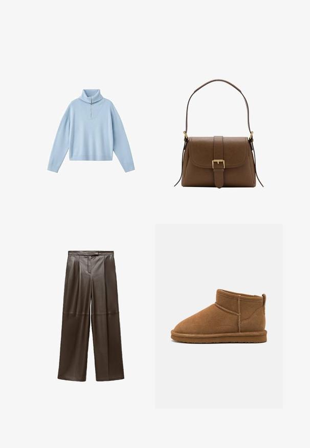 Lyseblå sweater med høj krave, halv lynlås og sænkede skuldre. Fremstillet af blødt strikstof med løs pasform.; Brune læder brede bukser med en glat tekstur, der har folder foran og et klassisk taljebånddesign.; Brune ruskind ankelstøvler med rund tå, kort skaft og bagpå trækflap. Udviklet med kontrastsyninger og en flad gummisål.; Brun skuldertaske i læder med frontklaffelukning og guldlås, med justerbar rem med gulddetaljer på hvid baggrund.