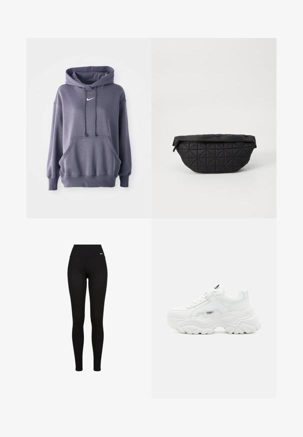 Sudadera gris con un bolsillo canguro frontal, capucha con cordones y un logo blanco en el pecho. El material parece suave y texturizado. Puños y dobladillo acanalados.; Leggings negros con una cintura alta, tejido elástico, textura suave y un diseño ajustado, aptos para uso casual o deportivo.; Zapatillas blancas voluminosas con parte superior de piel lisa, punta redonda y suela gruesa texturizada con un logo de la marca visible en el lateral.; Bolso negro acolchado con una textura suave y acolchada y un patrón de diamantes angulares, con una silueta curvada y cierre de cremallera.