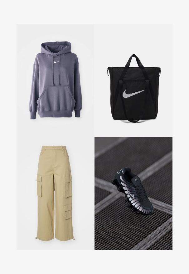 Grå hættetrøje med en frontkangorupocket, snøre i hætten og hvidt logo på brystet. Materialet ser blødt og struktureret ud. Ribstrikkede manchetter og kant.; Beige cargo bukser med brede ben, to store sidelommer, lommer foran og snoretræk detalje ved kanten. Fabrik af bomuldsblanding.; Sort atletisk sko med tekstureret mesh-overdel, sølv accenter, svangstøtte og polstret sål med en fremtrædende segmenteret design.; Sort nylon tote taske med to solide håndtag og lynlås lukning. Har et fremtrædende hvidt Nike swoosh-logo i et horisontalt stribet design.