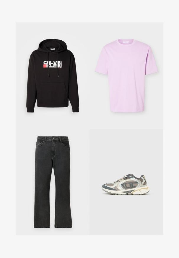 Sudadera negra con bolsillo frontal, capucha con cordones y logo de marca en blanco y rojo. Fabricada en una tela suave con puños y dobladillo acanalados.; Camiseta de manga corta y cuello redondo de color lila claro, diseño sencillo, mostrada sobre fondo blanco, etiqueta visible en el interior del cuello.; Jeans de mezclilla negra con un corte recto, que cuentan con una cintura de altura media, cinco bolsillos y un cierre de botón. Textura sutilmente desgastada en todo el tejido.; Zapatillas deportivas en materiales gris, blanco y beige que cuentan con una parte superior de malla, suela gruesa y detalles texturizados. Detalles reflectantes en los lados.