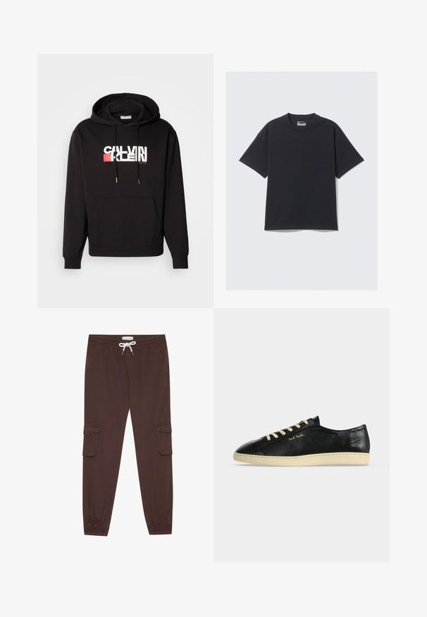 Sudadera negra con bolsillo frontal, capucha con cordones y logo de marca en blanco y rojo. Fabricada en una tela suave con puños y dobladillo acanalados.; Camiseta de algodón negra con cuello redondo clásico, mangas cortas y un ajuste relajado. Textura suave con detalles de costura mínimos.; Pantalones cargo marrones con cintura elástica, cordón blanco y dos bolsillos laterales. Presenta puños en los dobladillos y una tela texturizada.; Zapatilla negra de piel, de perfil bajo, con suela y cordones color crema, logo dorado "Paul Smith" en el lateral y símbolo en relieve cerca del talón.