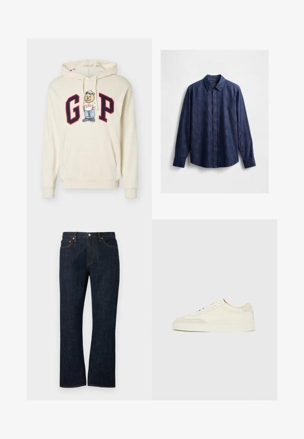 Sweat à capuche crème avec de grandes lettres "G" et "P" encadrées en rouge et un ours dessin animé portant un t-shirt, une casquette, un short et des chaussures GAP au centre.; Chemise en denim bleu foncé avec un col classique, des manches longues, une fermeture à boutons sur le devant et un tissu légèrement texturé. Pas de motifs visibles.; Jean droit en denim bleu foncé avec poches avant, rivets en cuivre et fermeture par bouton.; Baskets en daim blanc à finition lisse, embout rond, design lacé plat, avec des accents texturés contrastants. Comprend un détail de logo subtil.