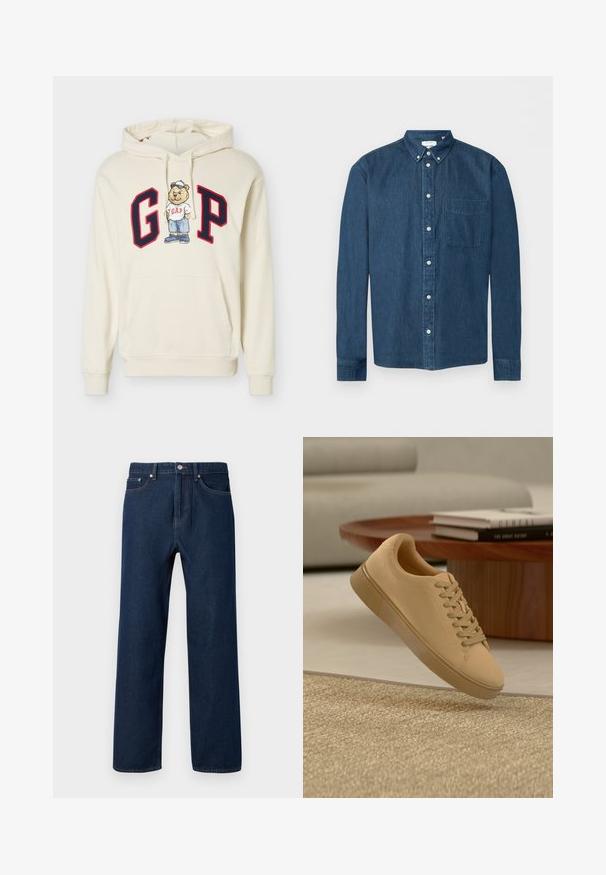 Sweat à capuche crème avec de grandes lettres "G" et "P" encadrées en rouge et un ours dessin animé portant un t-shirt, une casquette, un short et des chaussures GAP au centre.; Chemise en denim bleu foncé boutonnée, manches longues, une poche avant à gauche et un col boutonné, présentée sur fond blanc.; Jean en denim bleu foncé avec une coupe droite, cinq poches et des coutures visibles. Possède un bouton de fermeture et des passants de ceinture.; Baskets beiges à lacets flottant au-dessus d'un tapis texturé avec une table basse en bois et des livres empilés en arrière-plan flou.