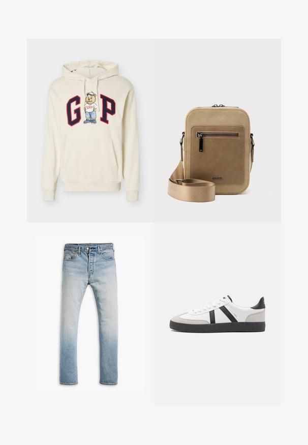 Sweat à capuche crème avec de grandes lettres "G" et "P" encadrées en rouge et un ours dessin animé portant un t-shirt, une casquette, un short et des chaussures GAP au centre.; Levi's® 501® '93 STRAIGHT - Jean droit - who cares; Baskets blanches avec des accents noirs et gris, présentant un embout texturé gris, une semelle en caoutchouc noir et des lacets plats blancs. Design épuré, style minimaliste.; Petit sac bandoulière beige avec poche avant zippée, logo métallique ALDO, sangle large ajustable et forme rectangulaire arrondie sur fond blanc.