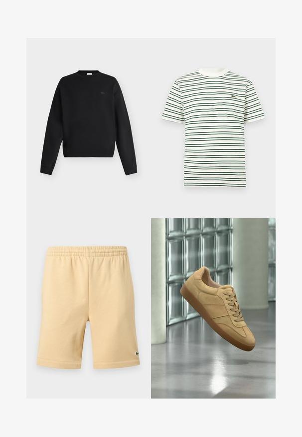 Sweat-shirt noir à manches longues avec col rond, poignets et ourlet côtelés, arborant un petit logo discret sur la poitrine gauche.; T-shirt blanc à manches courtes avec de fines bandes horizontales vert foncé et beige et un petit logo crocodile vert sur la poitrine gauche.; Shorts décontractés beige avec taille élastique et petit logo vert brodé en bas de la jambe droite.; Baskets beiges en daim avec semelle en gomme, design à lacets, flottant à l'intérieur sur un sol en béton poli près d'un mur en blocs de verre.