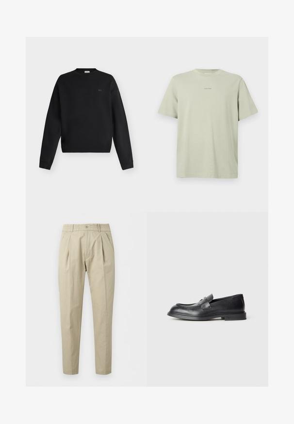 Sweat-shirt noir à manches longues avec col rond, poignets et ourlet côtelés, arborant un petit logo discret sur la poitrine gauche.; T-shirt en coton vert clair avec un col rond, des manches courtes et un petit logo Calvin Klein imprimé en une teinte plus foncée sur la poitrine.; Pantalon beige plissé avec fermeture par bouton, passants pour ceinture, poches latérales et coupe fuselée, présenté sur fond blanc.; Mocassins en cuir noir avec une finition texturée, dotés d'une bride décorative à l'avant et d'un bout arrondi. Semelle en caoutchouc pour plus de durabilité.
