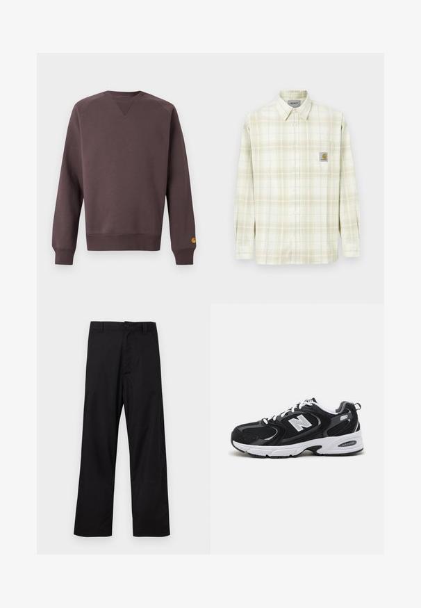 Sweat-shirt marron avec un tissu texturé, col rond côtelé et poignets. Présente un petit logo jaune sur la manche gauche.; Chemise à carreaux de couleur claire avec des manches longues, un devant à boutons et une poche poitrine avec un patch logo. Matière en coton au toucher doux.; Pantalon droit noir avec fermeture à boutons et à glissière, passants pour ceinture, présenté à plat sur un fond clair.; Baskets de sport noires et grises avec un tige en mesh et en suède, présentant une semelle intermédiaire blanche, des lacets et un logo "N" audacieux sur le côté.