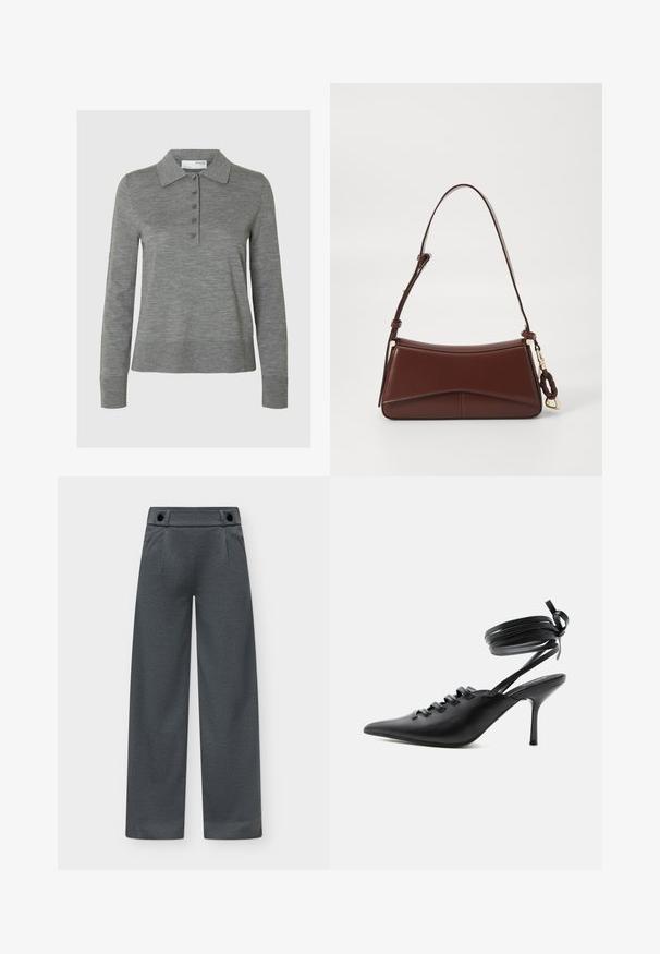 Polo gris à manches longues fabriqué en matériau doux, avec un col, une patte de boutonnage demi-ouverte avec cinq boutons et des poignets côtelés.; Pantalon gris foncé à jambes larges avec taille haute et deux boutons noirs sur la ceinture sur un fond clair.; Chaussure à talon haut noire à bout pointu avec laçage à l'avant et brides enroulées autour de la cheville nouées en nœud, vue de côté sur fond blanc.; Sac à main en cuir marron avec une silhouette incurvée, une seule sangle et des garnitures en or. Il présente un accent tressé et une texture lisse et mate.