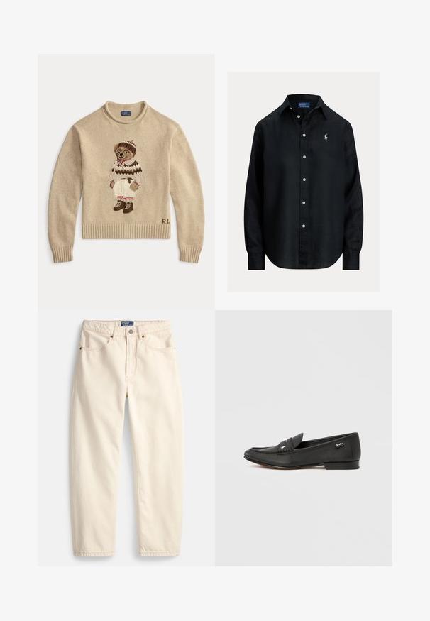 Beige strikket sweater med en broderet bjørn iført et hvidt outfit med brune accenter og støvler. Ribbet manchetter og kant. "R.L." broderet på siden.; Sort skjorte med lange ærmer, knapper, krave, hvide knapper og lille hvid broderet Polo Ralph Lauren-logo på venstre bryst.; Jeans i cremefarve lavet af denim med lige ben, forlommer og detaljer med overlock-syning. Lukning med metalknap og lynlås.; Sort læderloafer med tekstureret finish, penny keeper-detalje, slank profil, diskret branding på siden og lav, flad hæl.