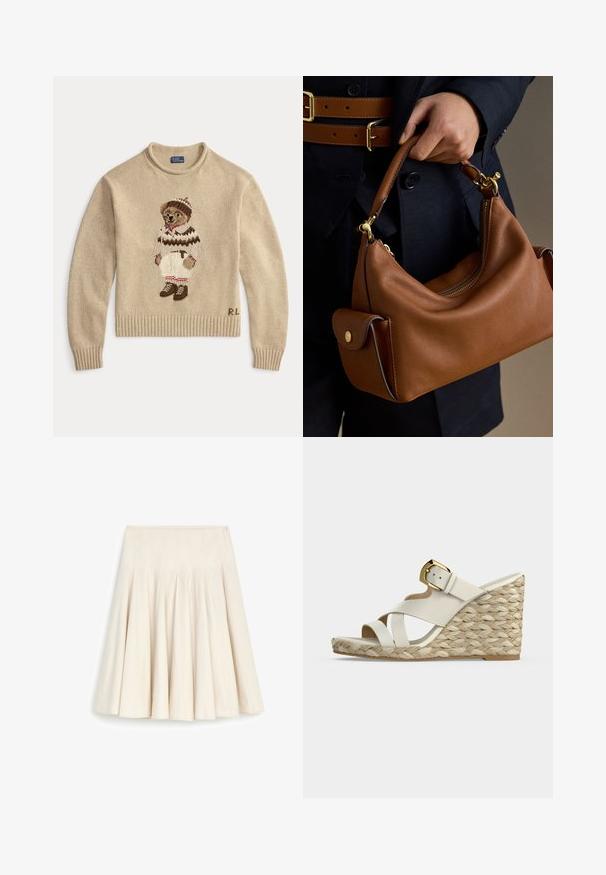 Beige gebreide trui met een geborduurde beer die een witte outfit met bruine accenten en laarzen draagt. Geribde manchetten en onderkant. "R.L." gestikt aan de zijkant.; Kremekleurige geplooide rok met een hoge taille en uitlopende zoom, gemaakt van een gladde stof.; Witte sleehaksandaal met gevlochten jute platform, gekruiste voorste bandjes en een gouden gesp enkelriem op een lichtgrijze achtergrond.; Hand die een bruine leren handtas met gouden beslag vasthoudt, gedragen bij een donkere outfit met een dubbele bruine riem.