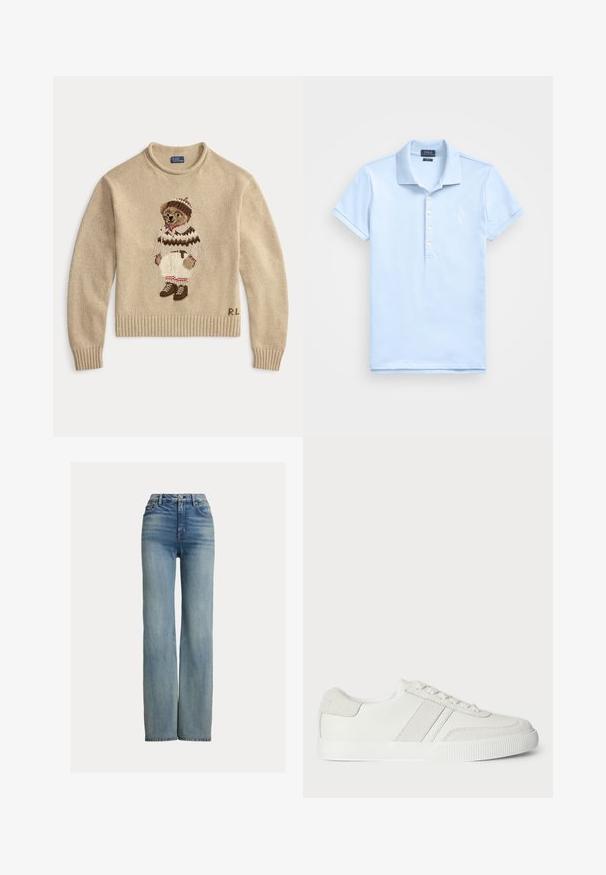 Pull en tricot beige avec un ours brodé portant une tenue blanche avec des accents marron et des bottes. Poignets et ourlet côtes. "R.L." brodé sur le côté.; Polo bleu clair en coton doux. Doté d'un col, de manches courtes, d'une patte de boutonnage à trois boutons et d'un petit logo blanc sur la poitrine.; Jeans bleus taille haute, à jambe droite, avec poches avant, passants de ceinture et fermeture à bouton, présentant des détails légèrement délavés.; Basket blanche avec une tige en cuir lisse, des accents en suède et des lacets plats. Dispose d'une semelle en caoutchouc texturée et d'un design minimaliste.