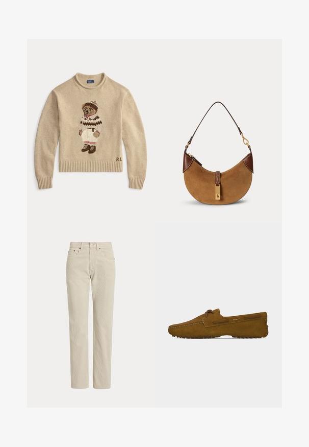 Beige gebreide trui met een geborduurde beer die een witte outfit met bruine accenten en laarzen draagt. Geribde manchetten en onderkant. "R.L." gestikt aan de zijkant.; Beige corduroy broek met rechte pijpen, riemlussen, knoop aan de voorkant, ritssluiting en voorzakken.; Bruine suède mocassin loafer met veterdetails en rubberen gripzool, zijaanzicht op een effen witte achtergrond.; Bruine suède halve maan handtas met donkerbruine lederen accenten, goudkleurige hardware en een korte schouderriem.