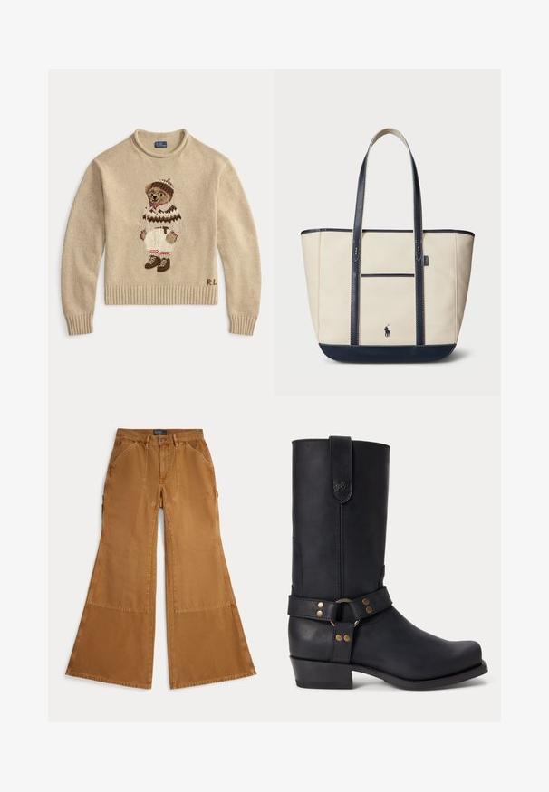 Beige strikket sweater med en broderet bjørn iført et hvidt outfit med brune accenter og støvler. Ribbet manchetter og kant. "R.L." broderet på siden.; Brune viddebukser lavet af bomuld med lapdetaljer, knaplukning og skrå lommer foran. Glat tekstur, afslappet design.; Sort læder mellemhøje støvler med lav hæl, rund tå og dekorativ rem med metalnitter og ring omkring anklen.; Lærredstotebags i creme med marineblå accenter. Har to lange håndtag, en frontlomme og et lille logo. Syning detaljer hele vejen igennem.