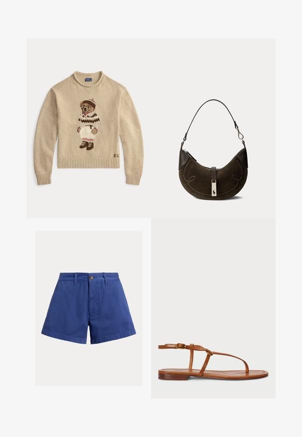 Beige strikket sweater med en broderet bjørn iført et hvidt outfit med brune accenter og støvler. Ribbet manchetter og kant. "R.L." broderet på siden.; Blå højhvide bomuldsshorts med frontknaplukning, bæltestropper og sidelommer mod en ensfarvet baggrund.; Brune lædersandaler har et tyndt stropdesign, en flad sål og en spændeaccent på ankelstroppen for en justerbar pasform.; Mørkebrun ruskind halv-måne håndtaske med læderdetaljer, top håndtag, dekorative syninger og en metal lås med en hestelogo.