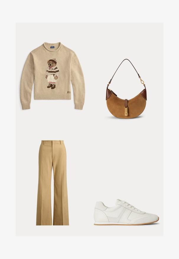 Beige strikket sweater med en broderet bjørn iført et hvidt outfit med brune accenter og støvler. Ribbet manchetter og kant. "R.L." broderet på siden.; Beige højtaljede vidde bukser med bæltestropper, frontlynlås og fladt forstykke mod hvid baggrund.; Hvid lavtop sneaker med snørelukning foran, ruskind- og læderpaneler og en lysebrun gummisål på en hvid baggrund.; Brun ruskind halv-måne taske med mørkebrune læderdetaljer, guldfarvet hardware og kort skulderrem.