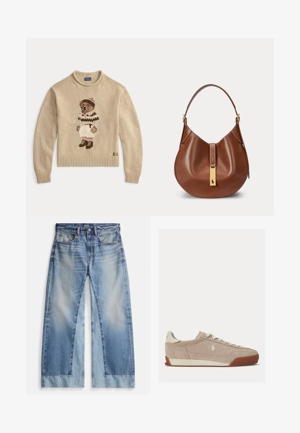 Beige strikket sweater med en broderet bjørn iført et hvidt outfit med brune accenter og støvler. Ribbet manchetter og kant. "R.L." broderet på siden.; Lyseblå jeans med vide ben og en falmet vask, der har to lommer foran, knaplukning og frynsete kanter. Fremstillet af denimstof.; Beige ruskind lavtop sneaker med hvide snørebånd, hvidt logo på siden og brun gummisål.; Brun læderhåndtaske med buet form, enkelt rem og gyldent rektangulært spændelås med en lille hestelogo foran.