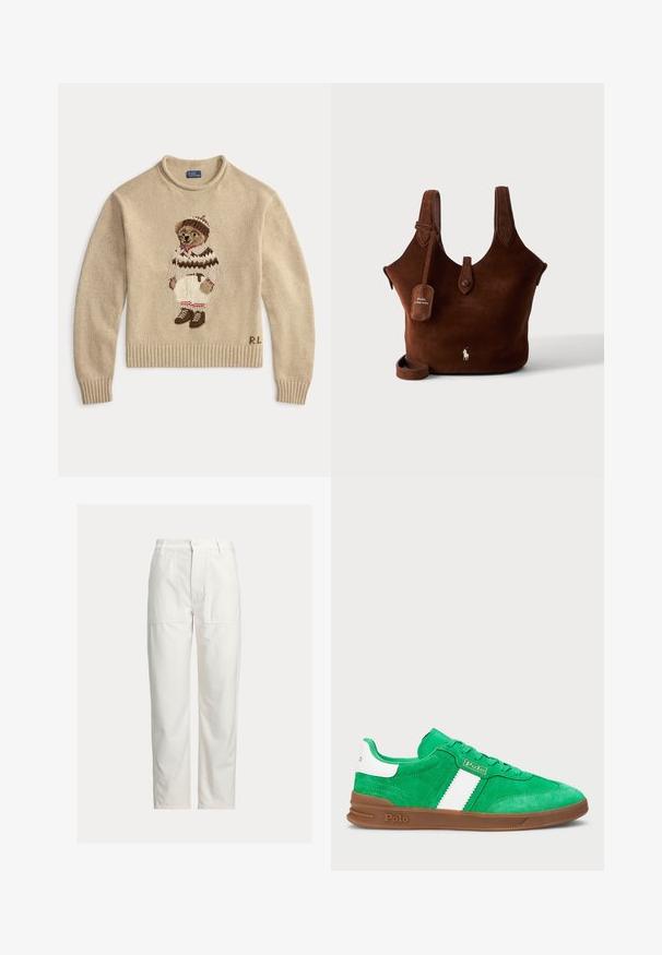 Beige strikket sweater med en broderet bjørn iført et hvidt outfit med brune accenter og støvler. Ribbet manchetter og kant. "R.L." broderet på siden.; Hvide bukser med lige ben, store foran-lommer, bæltestropper og lukning med knap i taljen.; Grønne ruskindsneakers med en hvid vandret stripe, en brun gummisål og tonede snørebånd. Branding på siden og bagsiden.; Brun ruskindstaske med to skulderstropper, knaplukning og Polo Ralph Lauren-logo på fronten og hængende mærke.